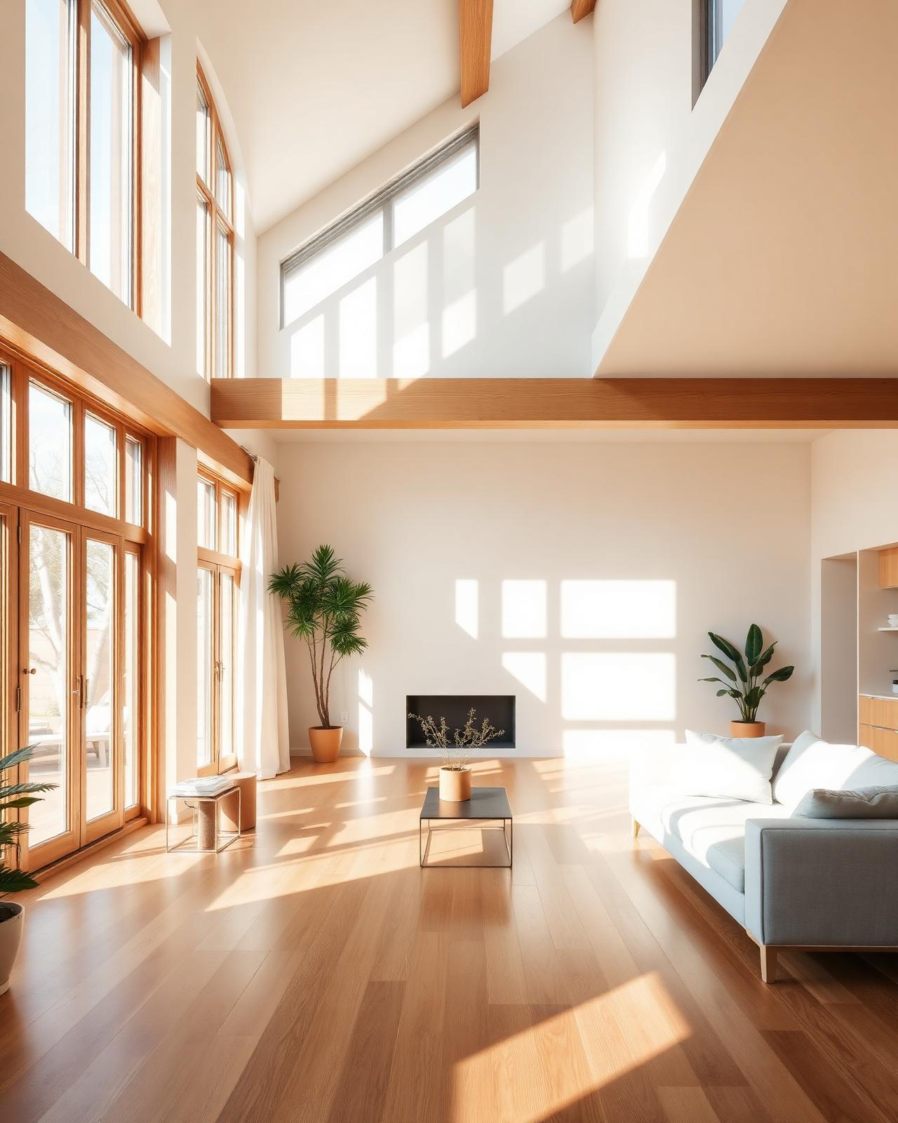 Sun-drenched residential interior with warm oak floors and high ceilings